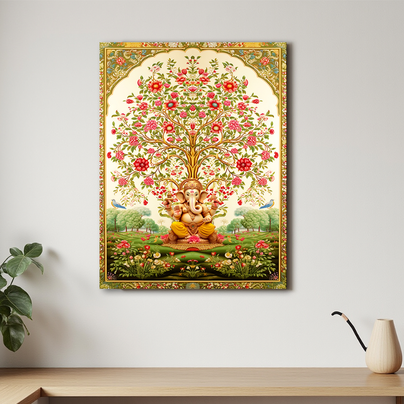 Tree of Life Pichwai With Ganesh Wood Print Wall Art