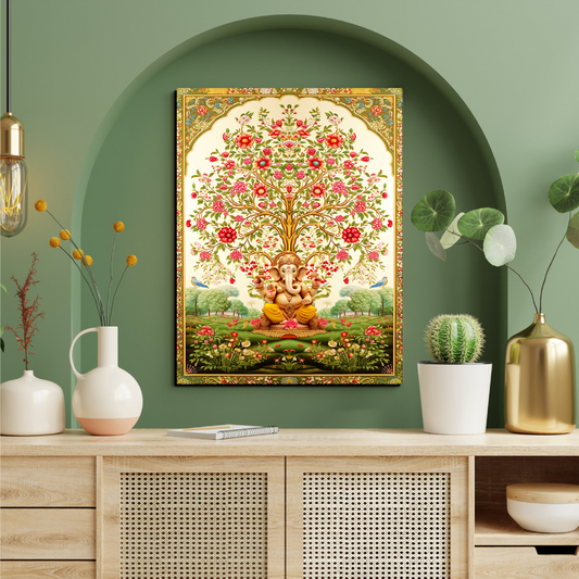 Tree of Life Pichwai With Ganesh Wood Print Wall Art