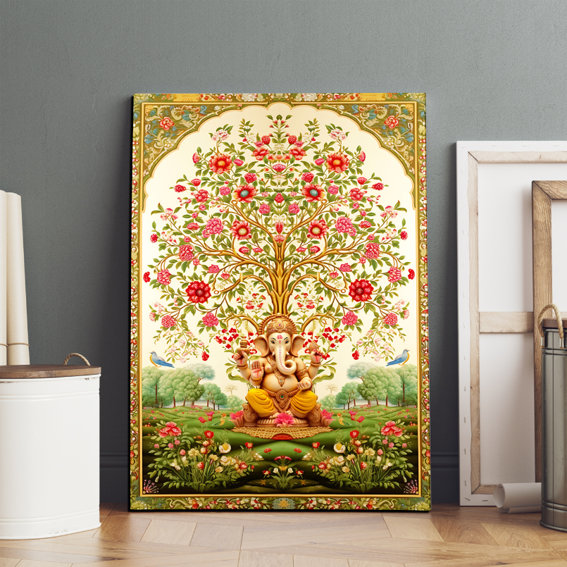 Tree of Life Pichwai With Ganesh Wood Print Wall Art