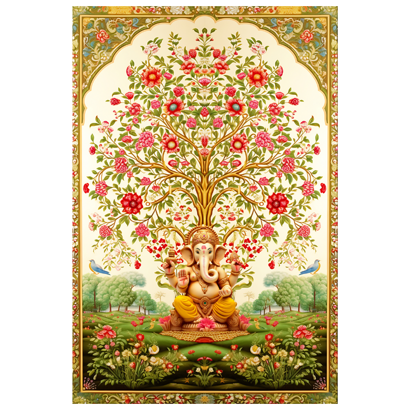 Tree of Life Pichwai With Ganesh Wood Print Wall Art