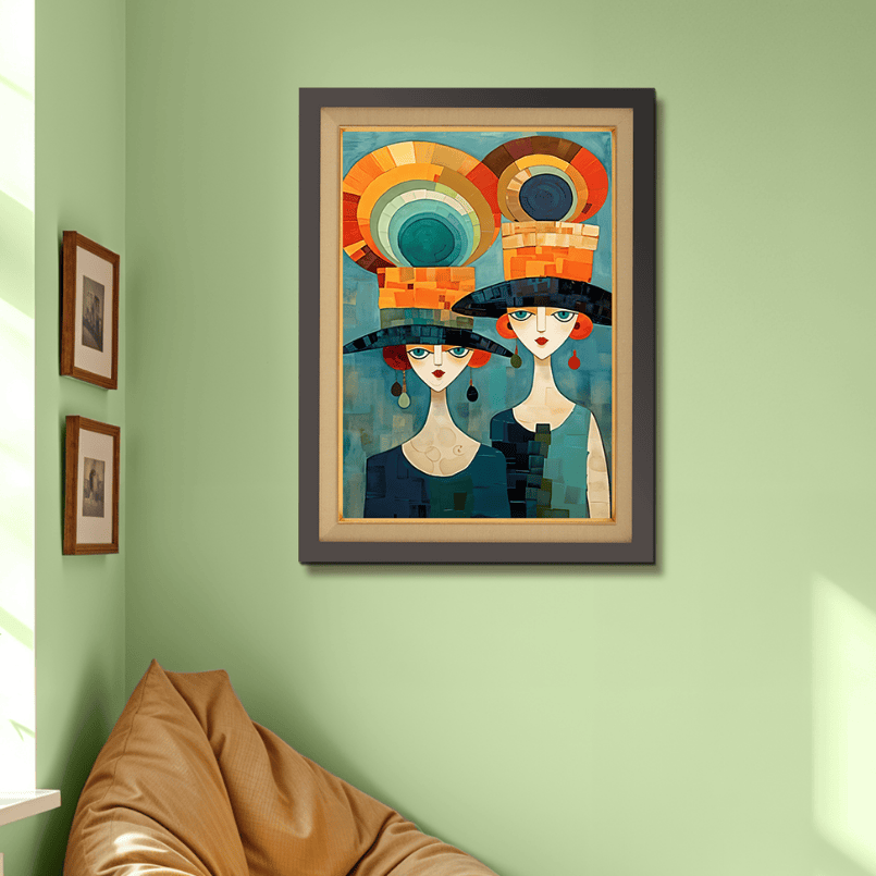 Two English Ladies With Colorful Hats Wood Print Wall Art 18x23 Inches