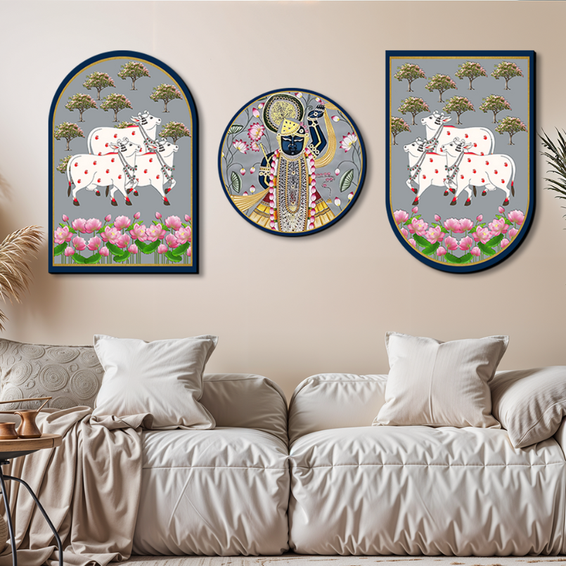 Set Of 3 Cow With Shrinath Ji Wood Print Wall Art