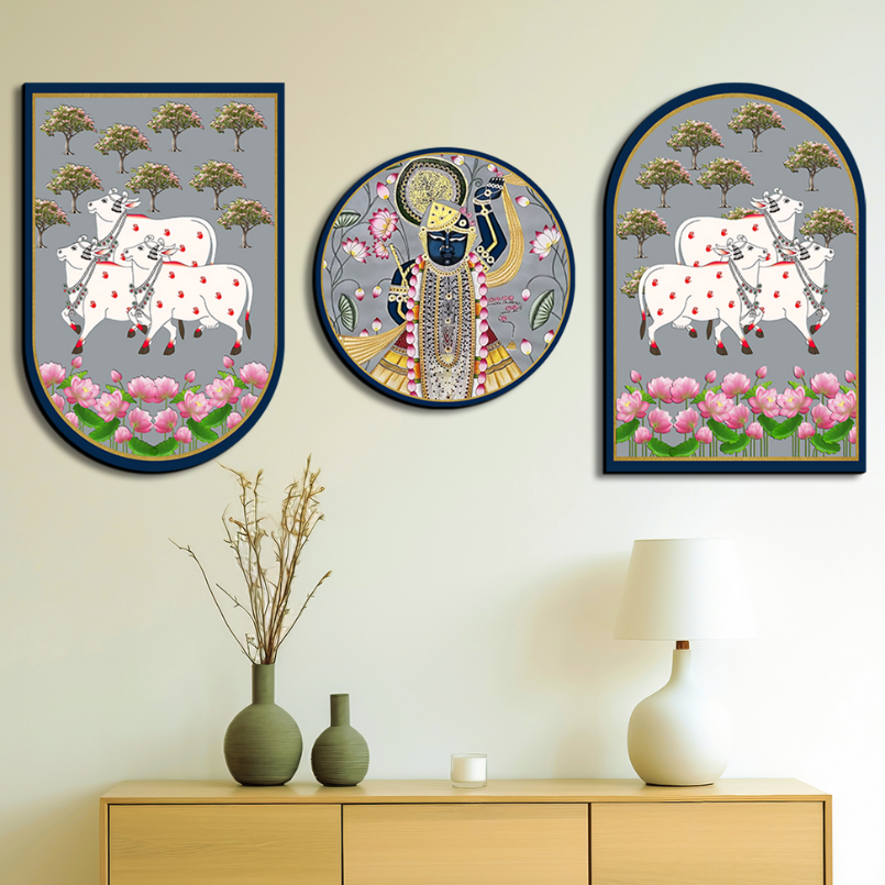 Set Of 3 Cow With Shrinath Ji Wood Print Wall Art