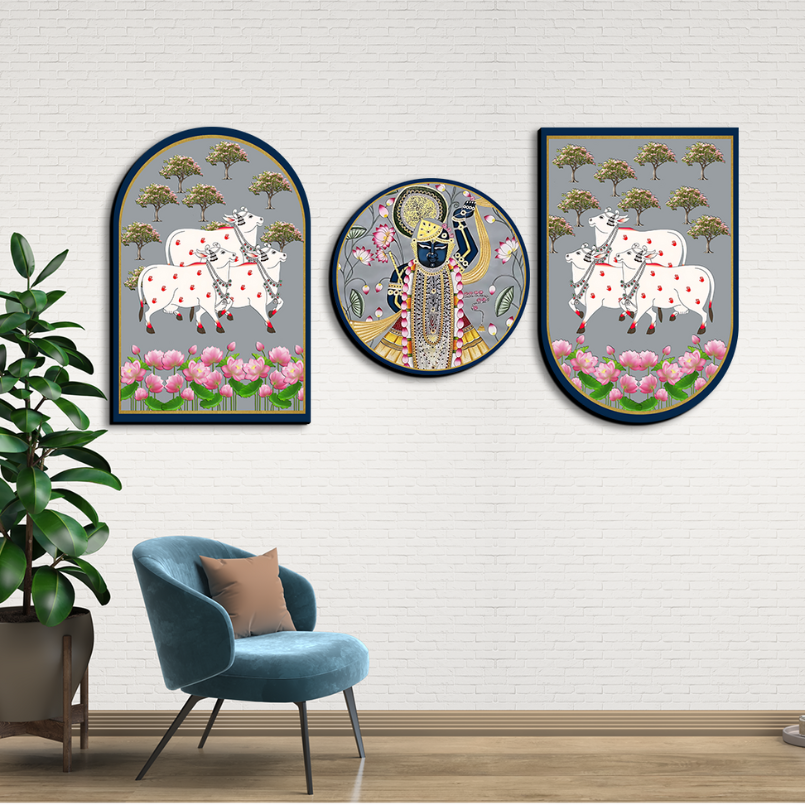 Set Of 3 Cow With Shrinath Ji Wood Print Wall Art