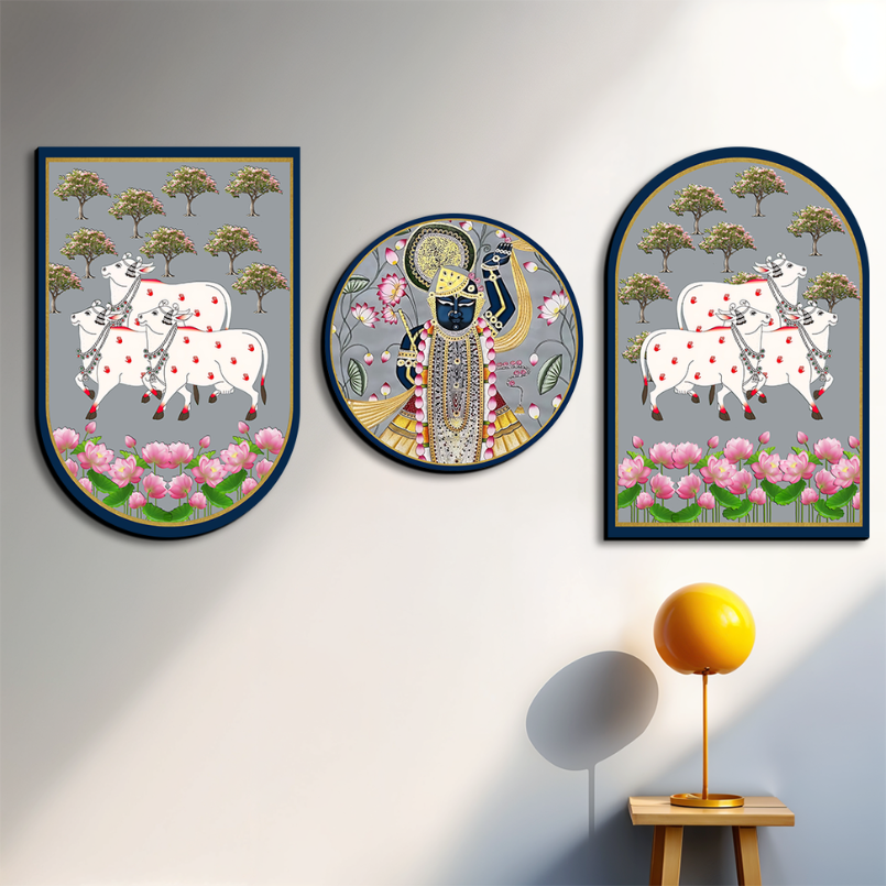 Set Of 3 Cow With Shrinath Ji Wood Print Wall Art