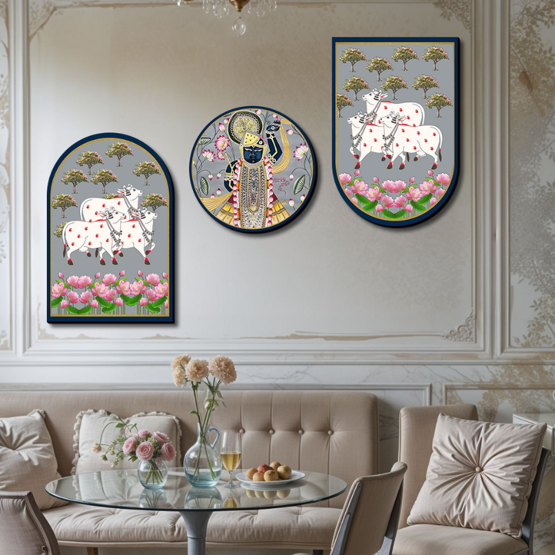 Set Of 3 Cow With Shrinath Ji Wood Print Wall Art