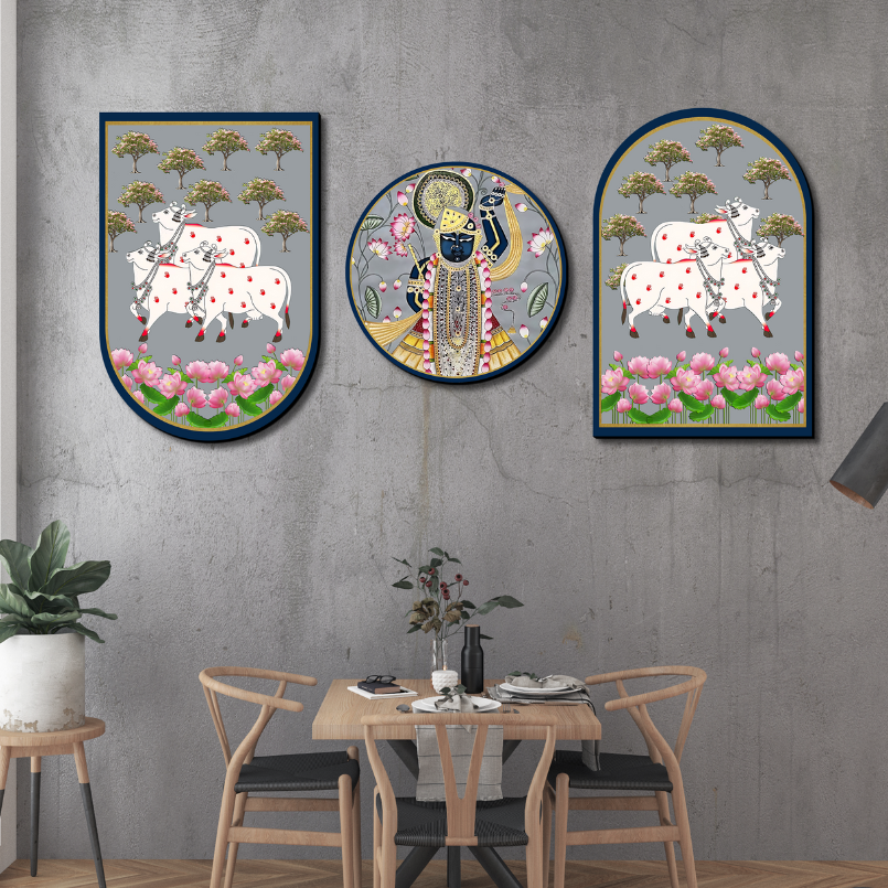 Set Of 3 Cow With Shrinath Ji Wood Print Wall Art