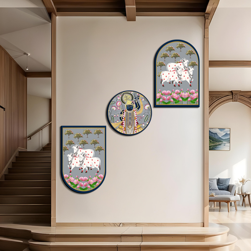 Set Of 3 Cow With Shrinath Ji Wood Print Wall Art