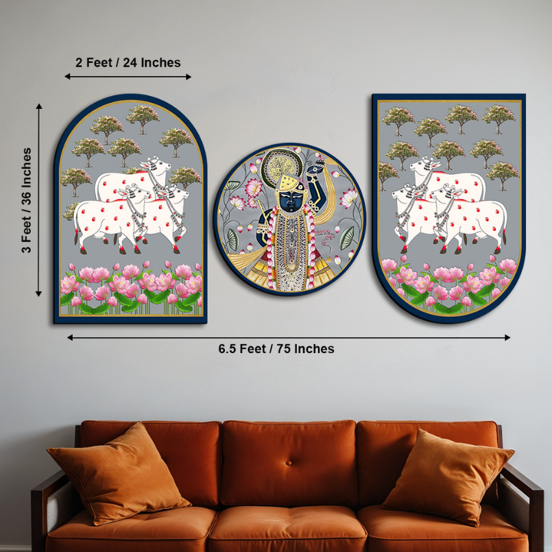 Set Of 3 Cow With Shrinath Ji Wood Print Wall Art
