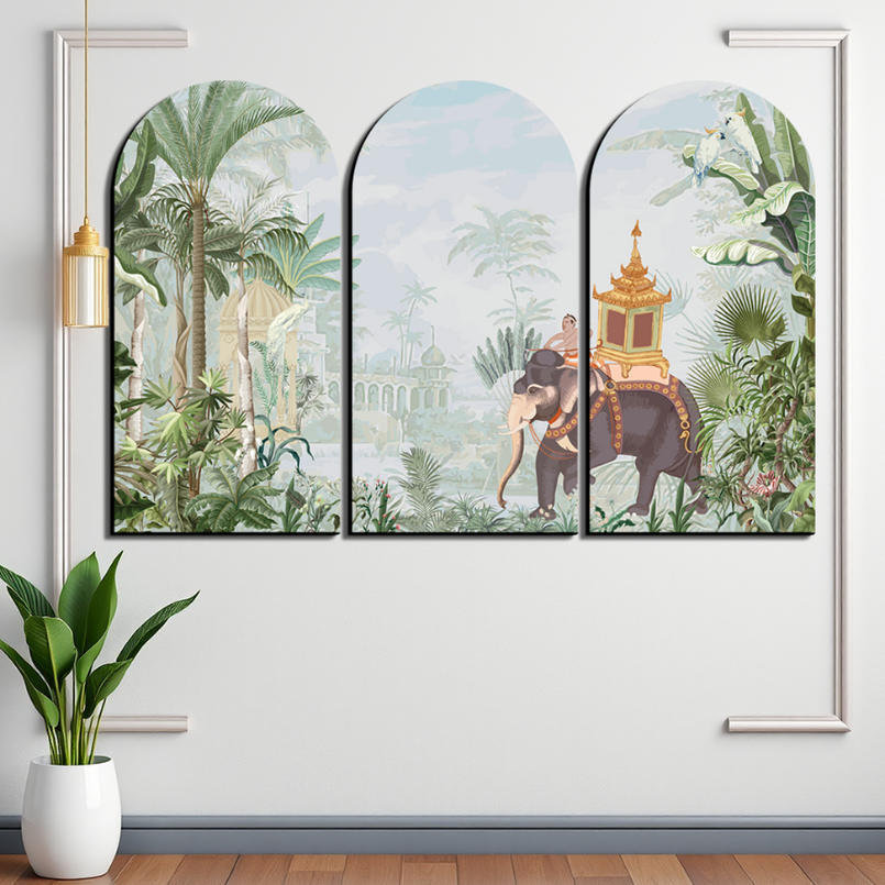 Set of 3 Royal Elephant Luxurious Wood Print Wall Art