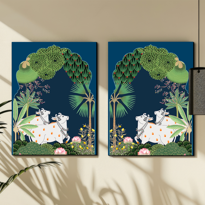Set of 2 Pichwai Indian Folk Cow Wood Print Wall Art
