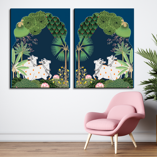 Set of 2 Pichwai Indian Folk Cow Wood Print Wall Art