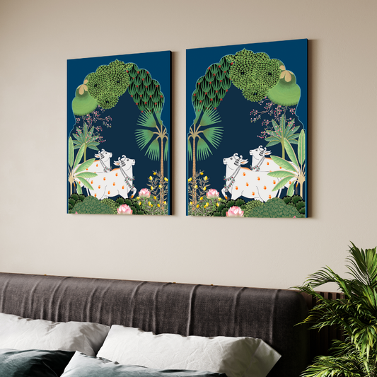 Set of 2 Pichwai Indian Folk Cow Wood Print Wall Art