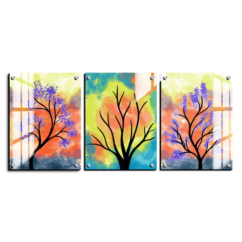 Colorful Botanical Wood Print Wall Art Set of 3