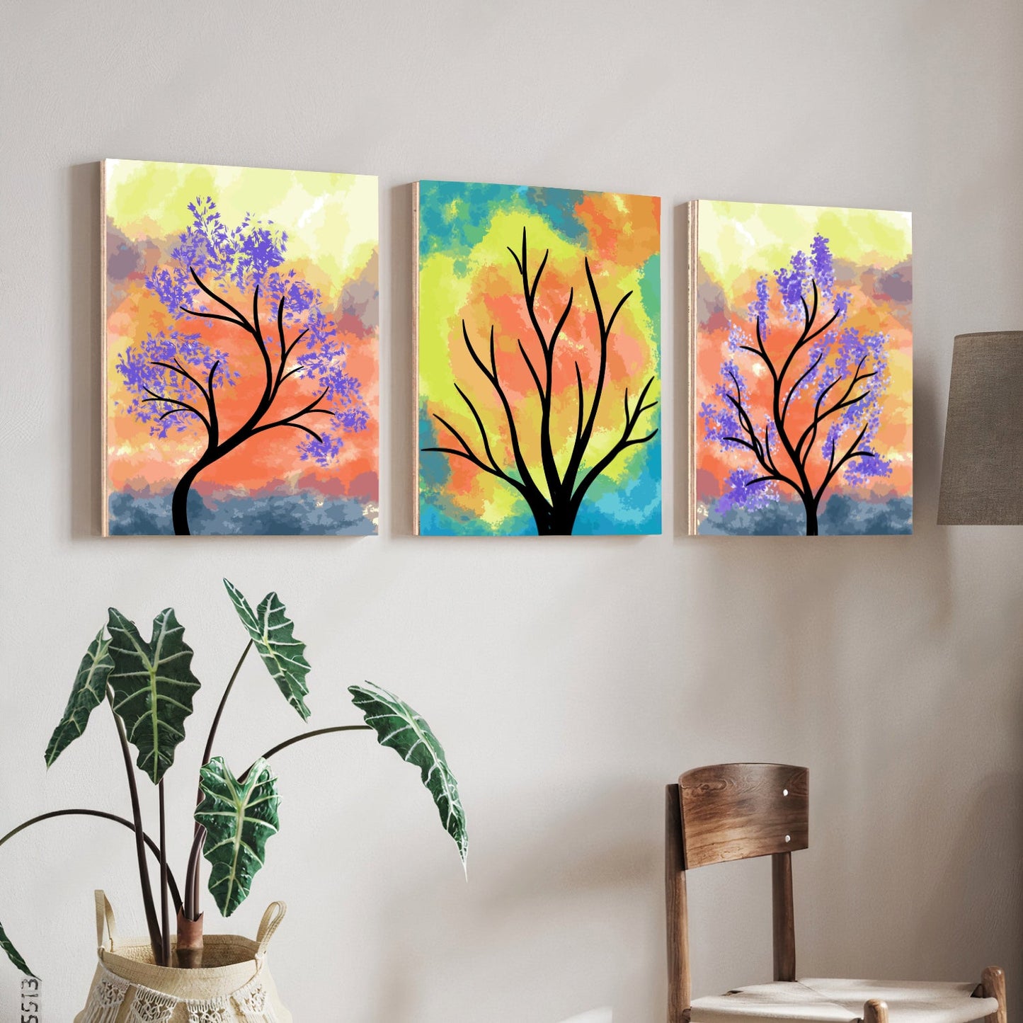 Colorful Botanical Wood Print Wall Art Set of 3
