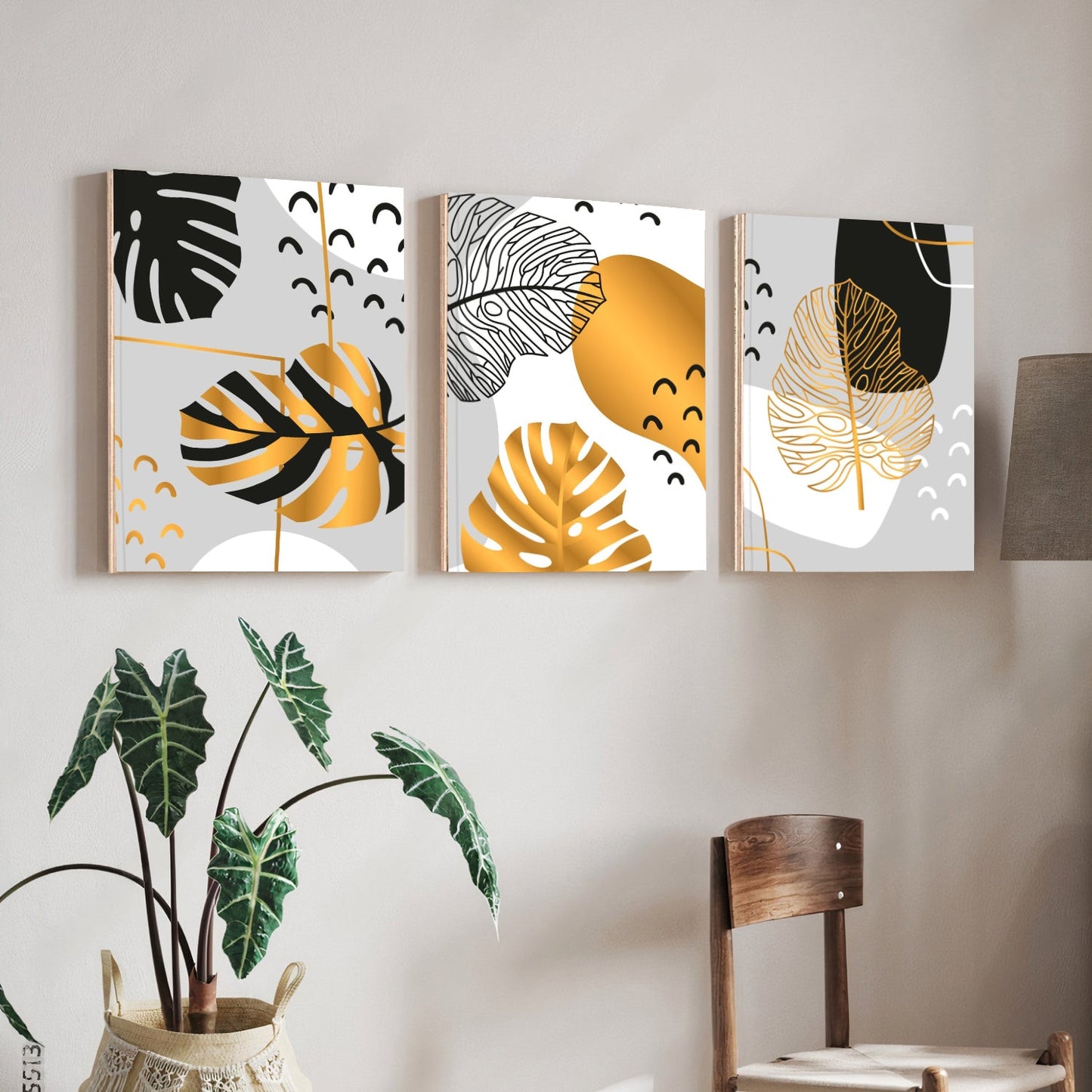 Gold Tropical Leaf Wood Print Wall Art Set of 3