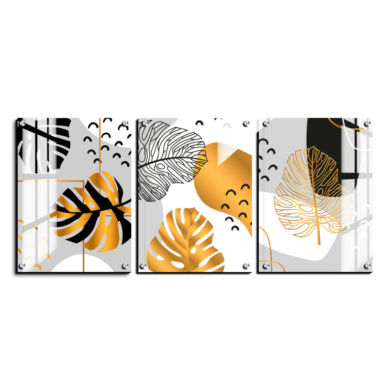 Gold Tropical Leaf Wood Print Wall Art Set of 3