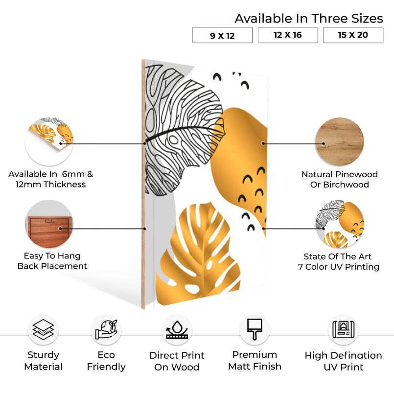 Gold Tropical Leaf Wood Print Wall Art Set of 3