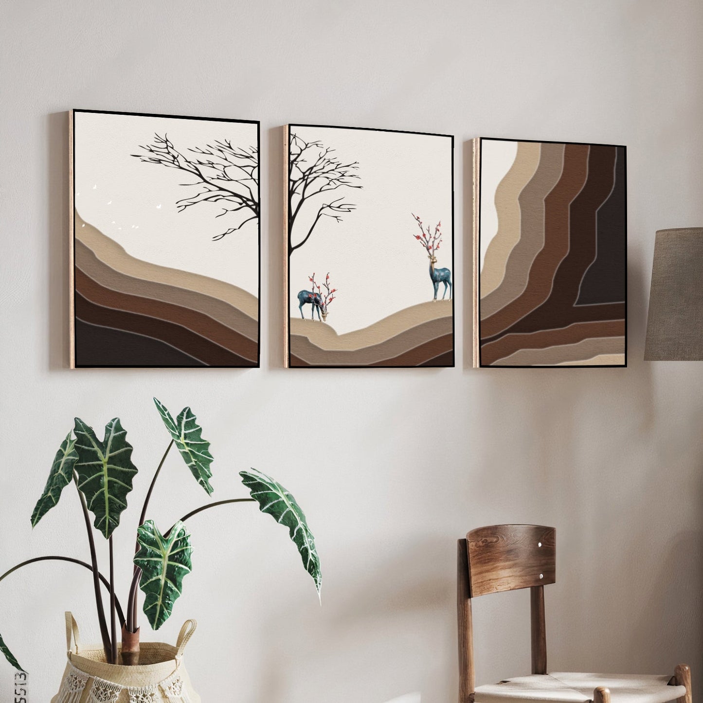 Lucky Deer Landscape Wood Print Wall Art Set of 3