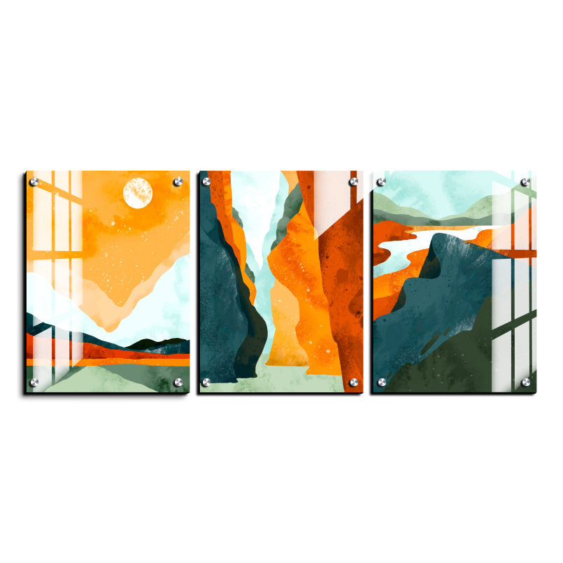 Orange Abstract Landscape Wood Print Wall Art Set of 3