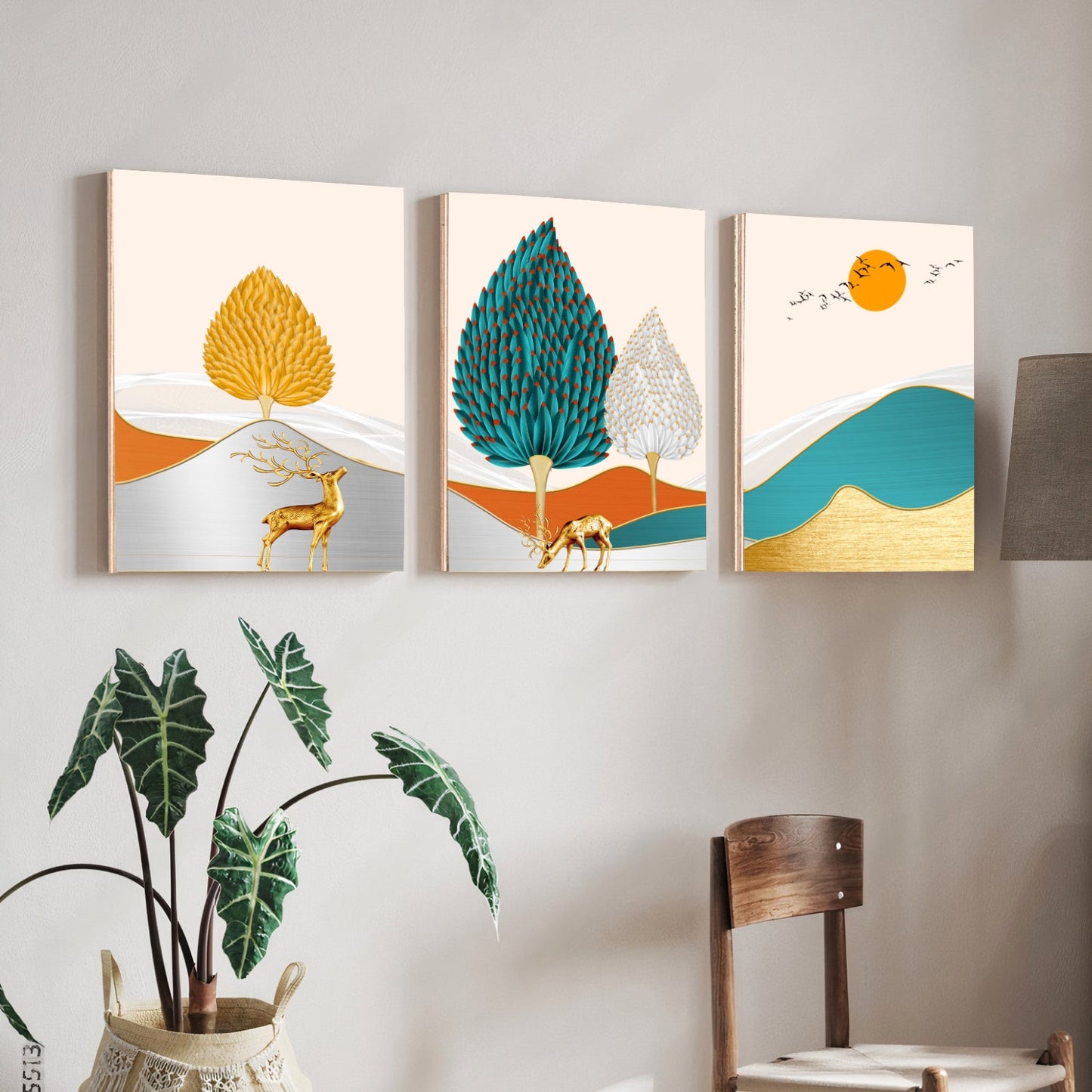 Golden Lucky Deer Landscape Wood Print Wall Art Set of 3