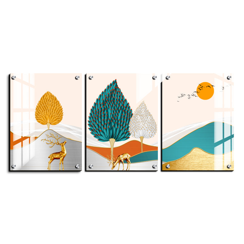 Golden Lucky Deer Landscape Wood Print Wall Art Set of 3