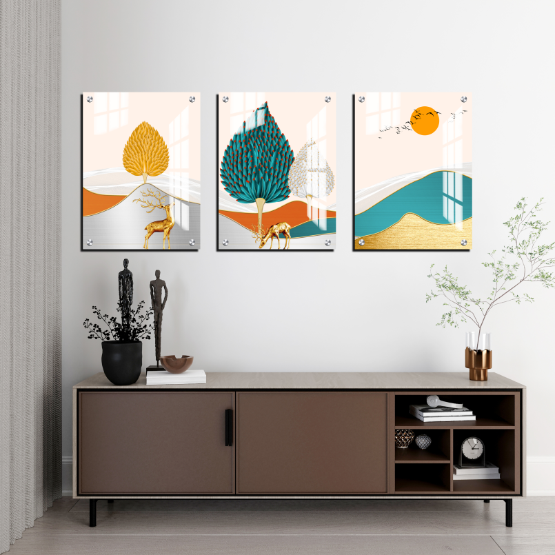 Golden Lucky Deer Landscape Wood Print Wall Art Set of 3