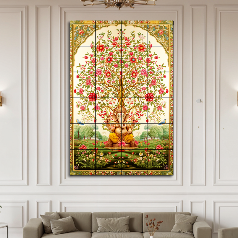 Tree of Life Pichwai With Ganesh Wood Print Luxury Wall Tiles Set