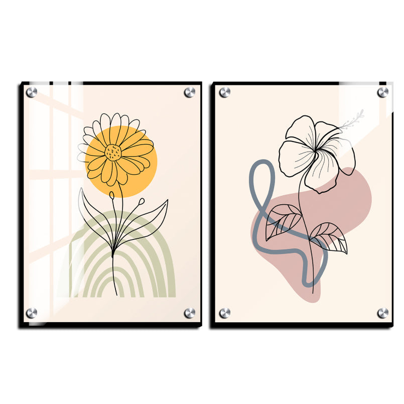 Minimalist Flower and Leaves Wood Print Wall Art Set of 2