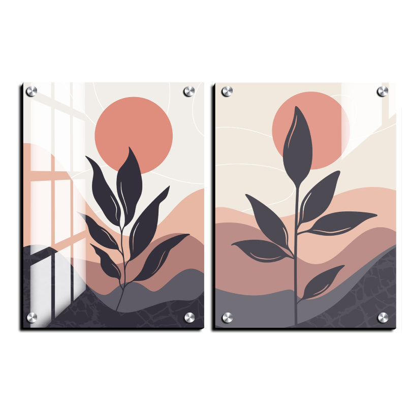 Tree and Moon Landscape Wood Print Wall Art Set of 2