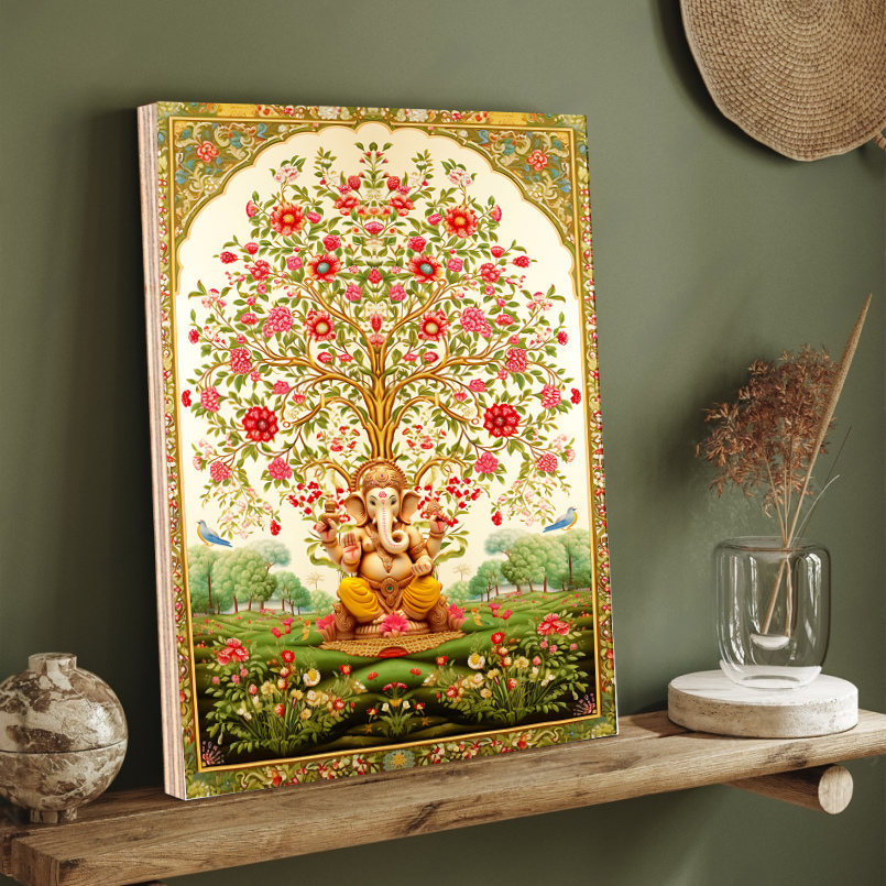 Tree of Life Pichwai With Ganesh Wood Print Wall Art