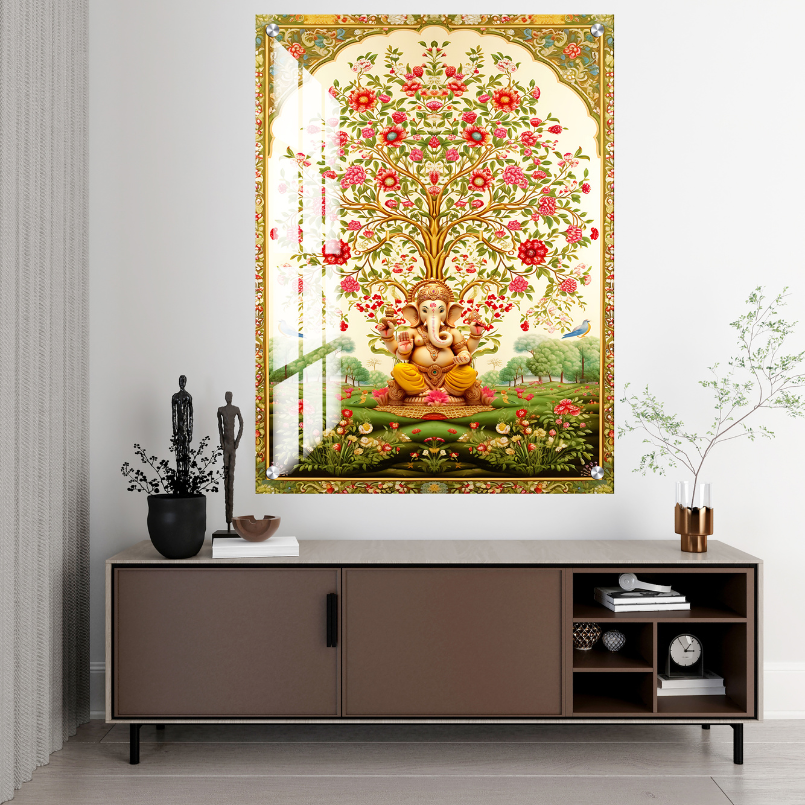 Tree of Life Pichwai With Ganesh Wood Print Wall Art