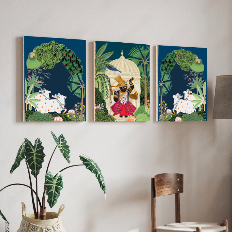Set of 3 Shrinath Ji Pichwai Cow Wood Print Wall Art