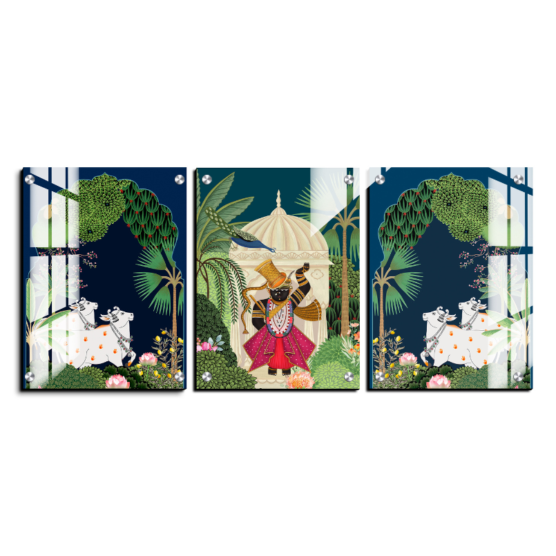 Set of 3 Shrinath Ji Pichwai Cow Wood Print Wall Art