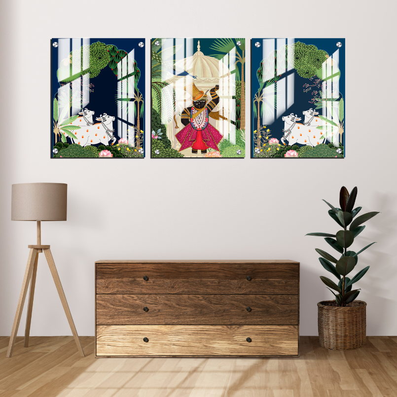 Set of 3 Shrinath Ji Pichwai Cow Wood Print Wall Art
