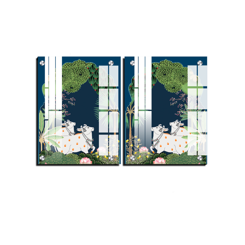 Set of 2 Pichwai Indian Folk Cow Wood Print Wall Art