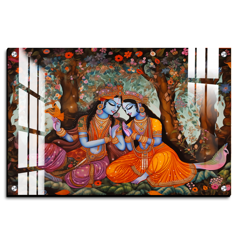 Radha Krishna and Colorful Flowers Wood Print Wall Art