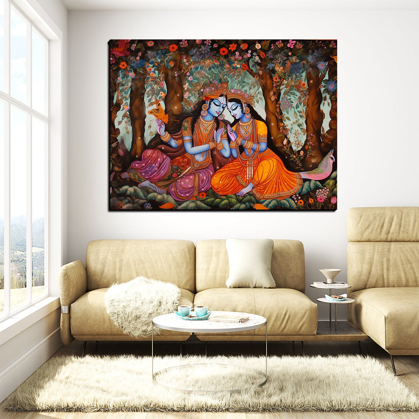 Radha Krishna and Colorful Flowers Wood Print Wall Art