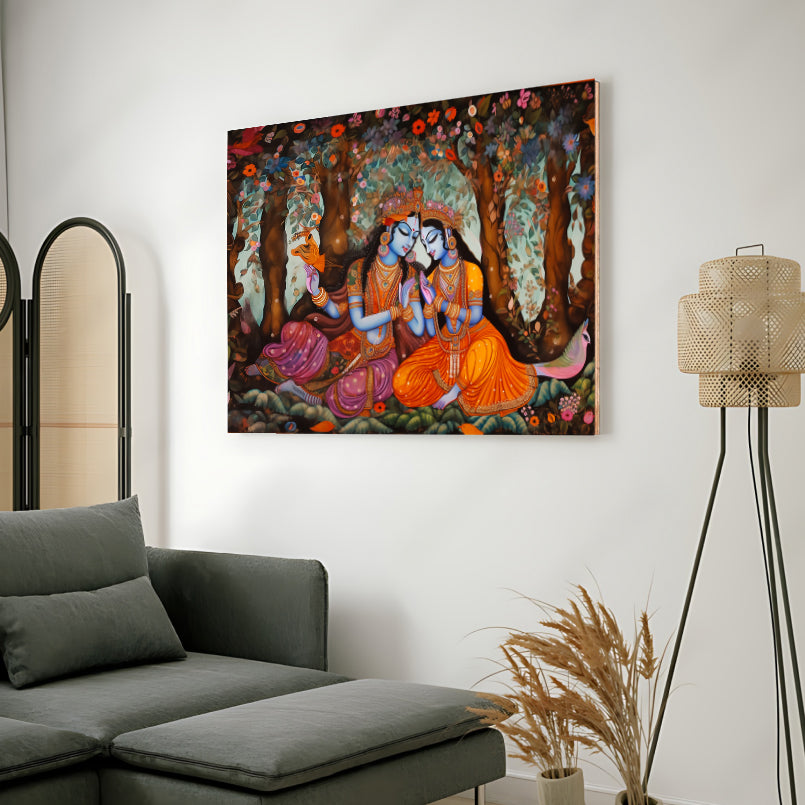 Radha Krishna and Colorful Flowers Wood Print Wall Art