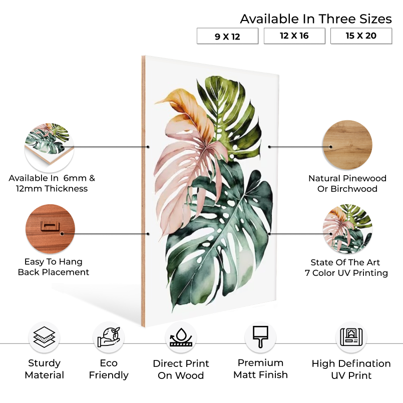 Tropical Leaf Wood Print Wall Art Set of 2