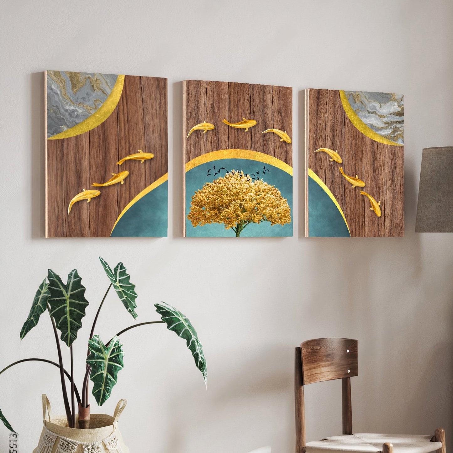 Lucky Gold Fishes Wood Print Wall Art Set of 3