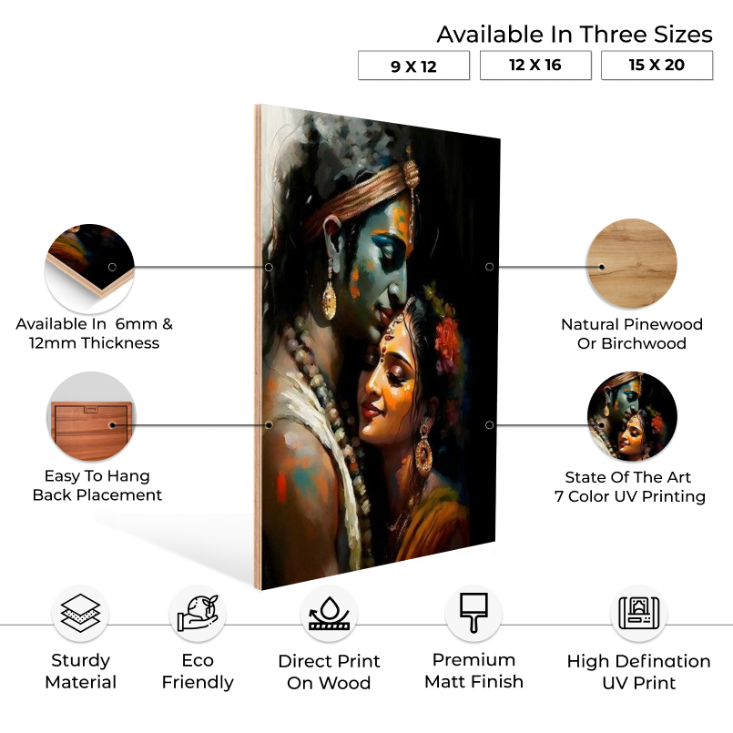 Radha Krishna Watercolor Wood Print Wall Art