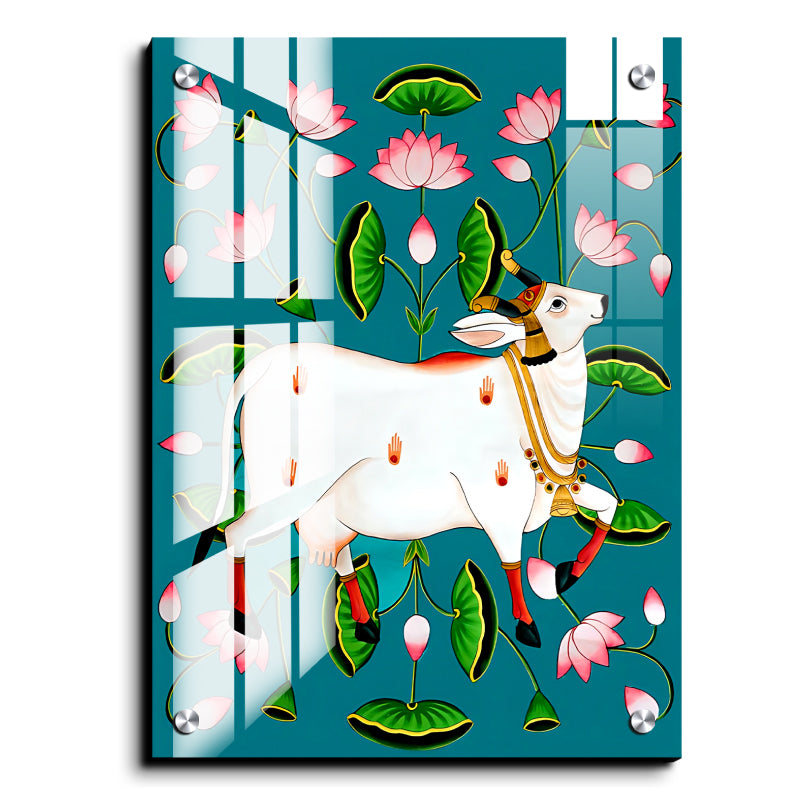 Sacred Cow Pichwai Wood Print Wall Art Blue