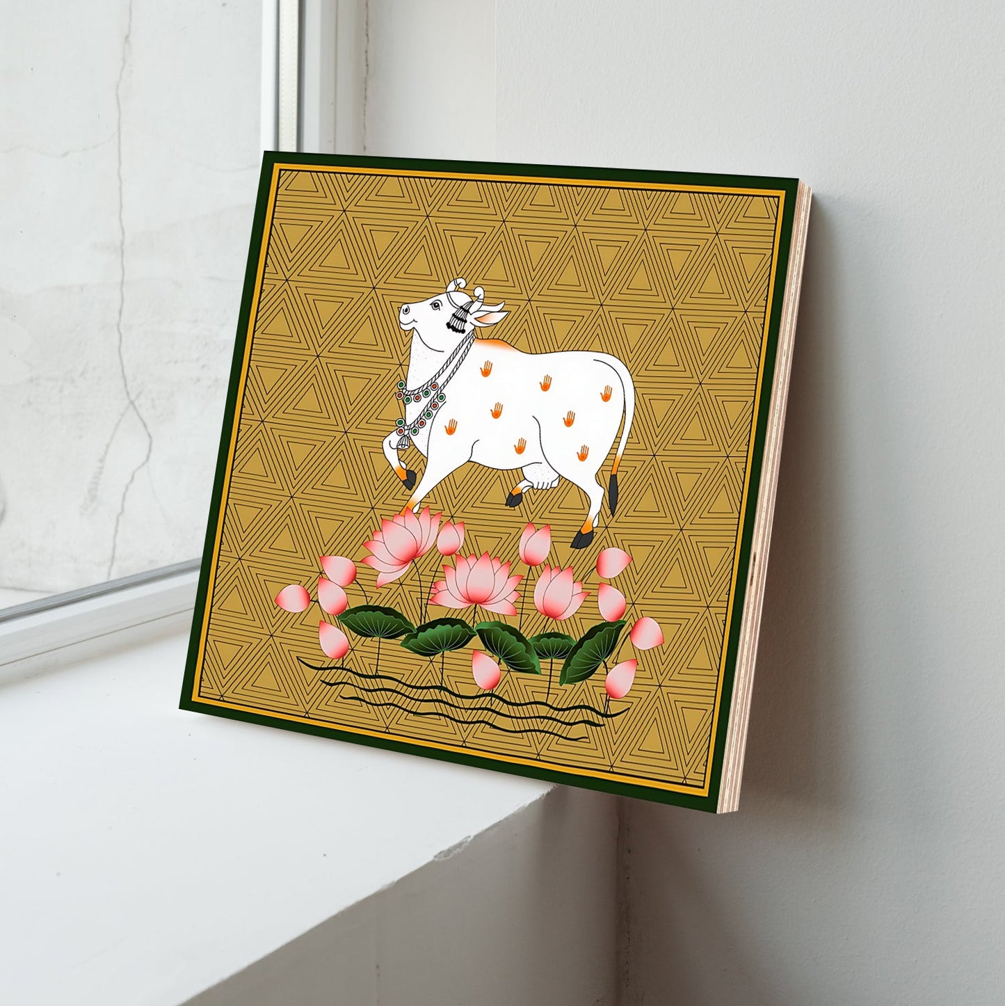 Sacred Cow Pichwai Wood Print Wall Art Gold
