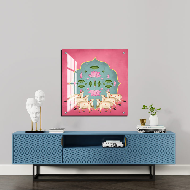 Sacred Cow Pichwai Wood Print Wall Art Pink