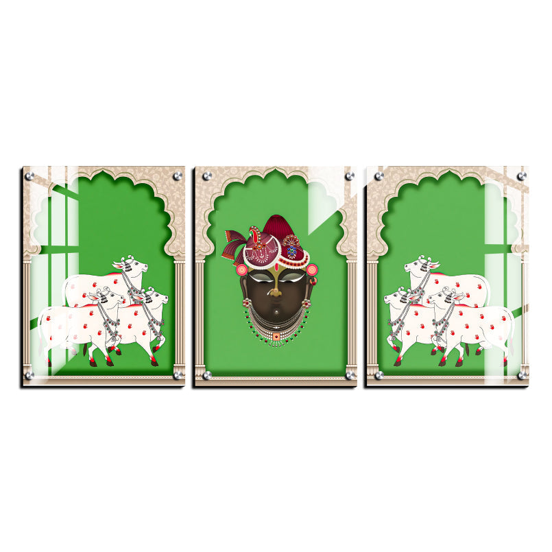 Set of 3 Shrinath Ji and Cow Pichwai Wood Print Wall Art
