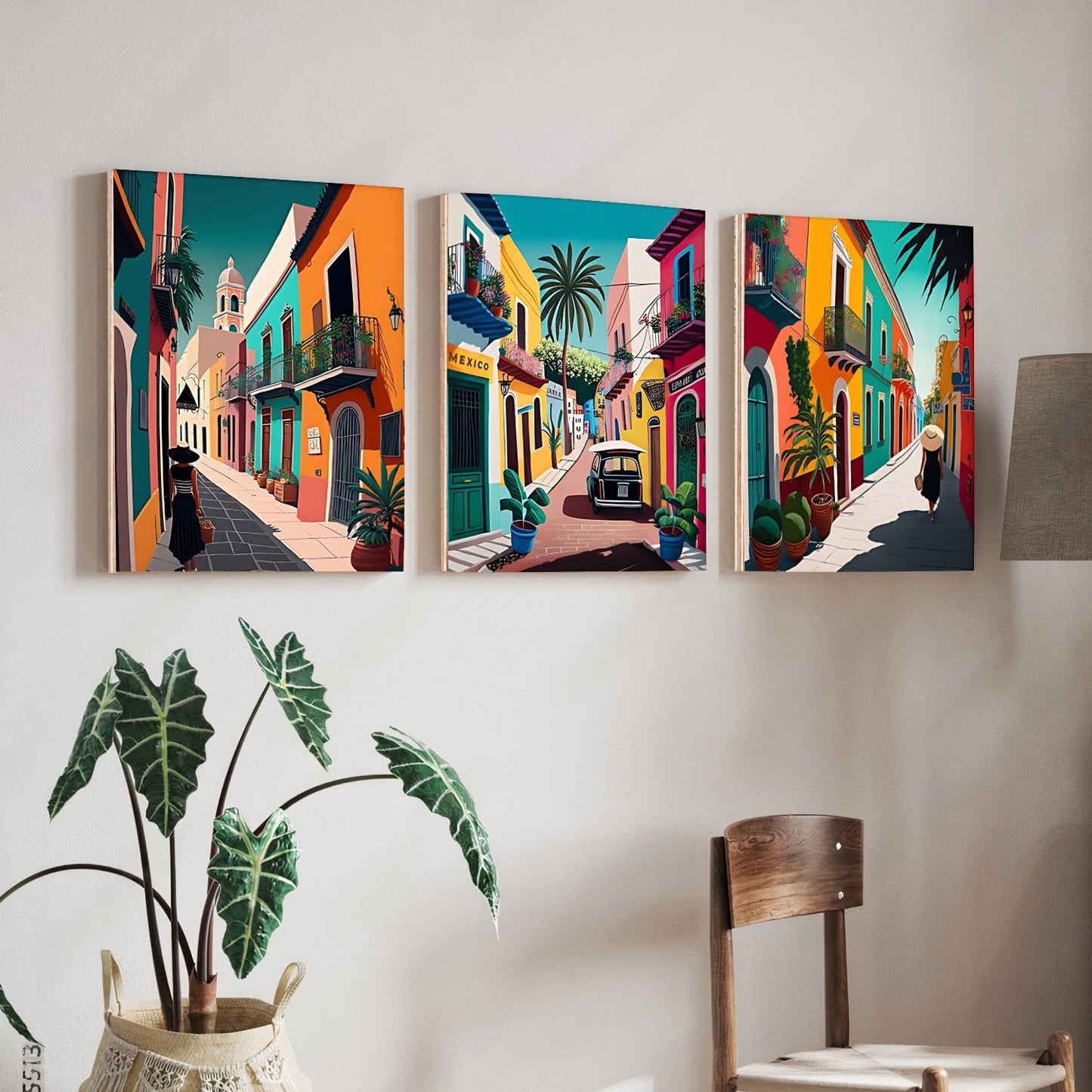 Mexico Street Colorful Wood Print Wall Art Set of 3