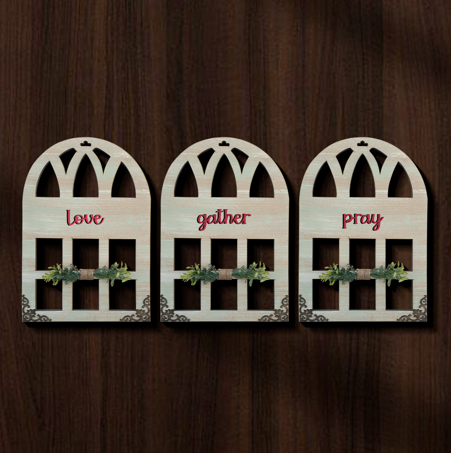 Love Gather Pray Quote Window Wall Art Set of 3