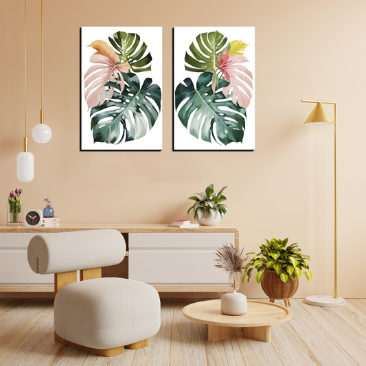 Tropical Leaf Wood Print Wall Art Set of 2