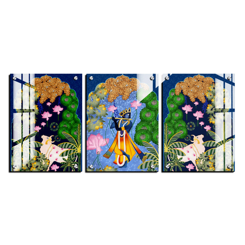Set of 3 Krishna Ji Pichwai Wood Print Wall Art